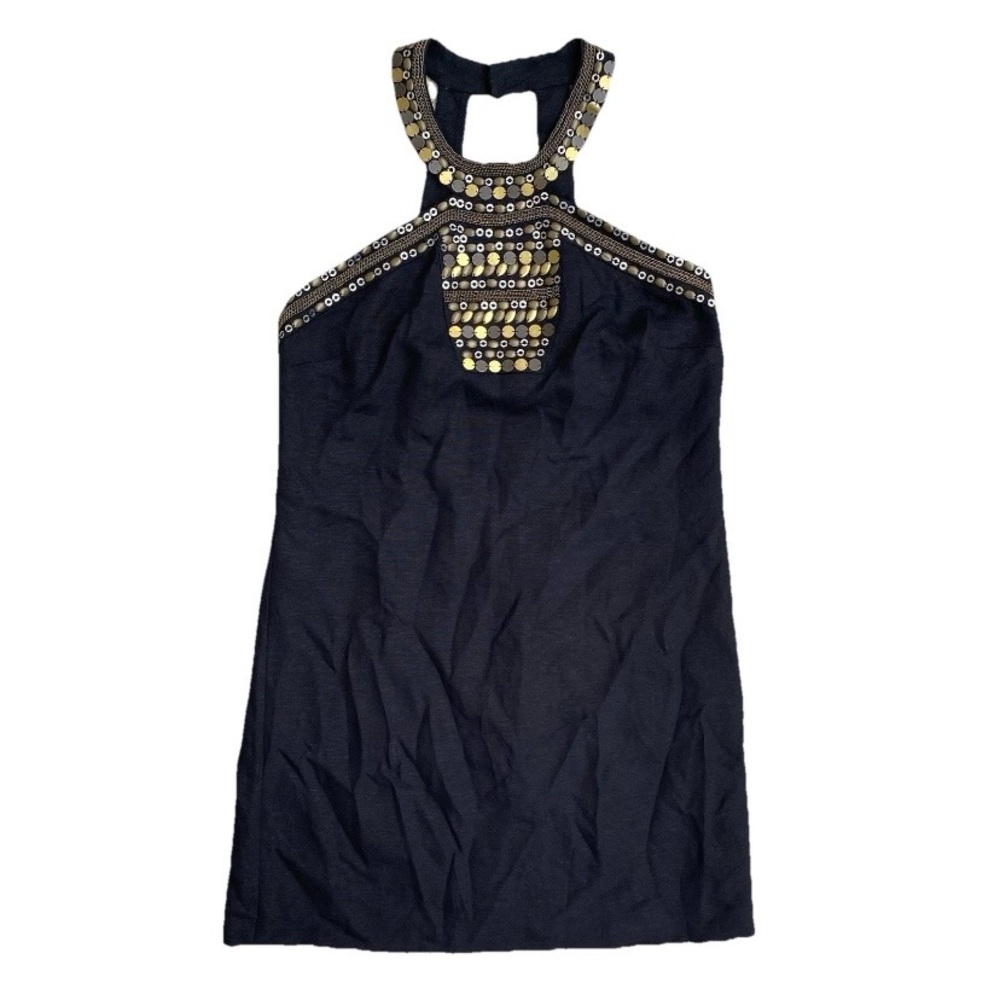 Tibi Black Silk Linen Shift Halter Dress 8 Embellished Sequin Cocktail Boho NWT